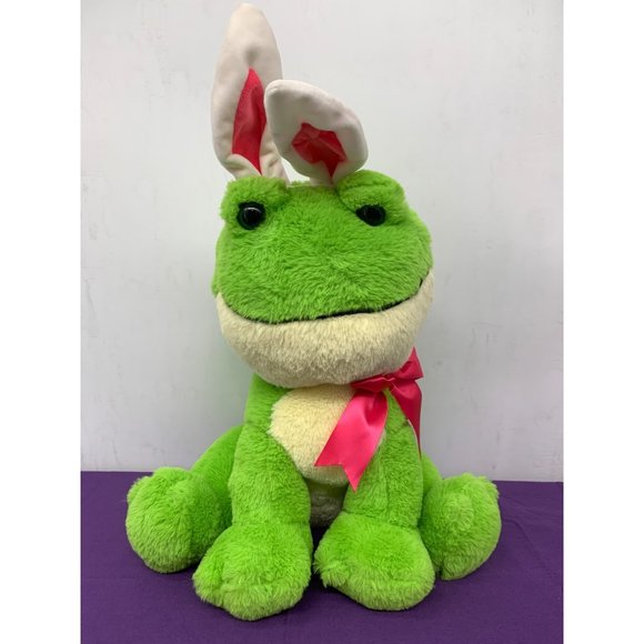 Walmart Green Frog Pink Bow Bunny Ears Easter 14.5 Inch Plastic Eyes Plush Stuff - Picture 1 of 11